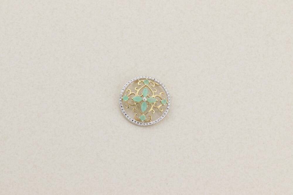 18k Pendant Only Gold Over Sterling Silver Natural Emerald Pendant 1" Round - Picture 5 of 6